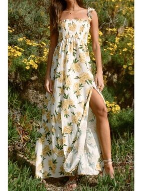 Agua Bendita Leandra Voila Maxi Dress Flowy Floral Smocked Ruffle Sleeve Medium